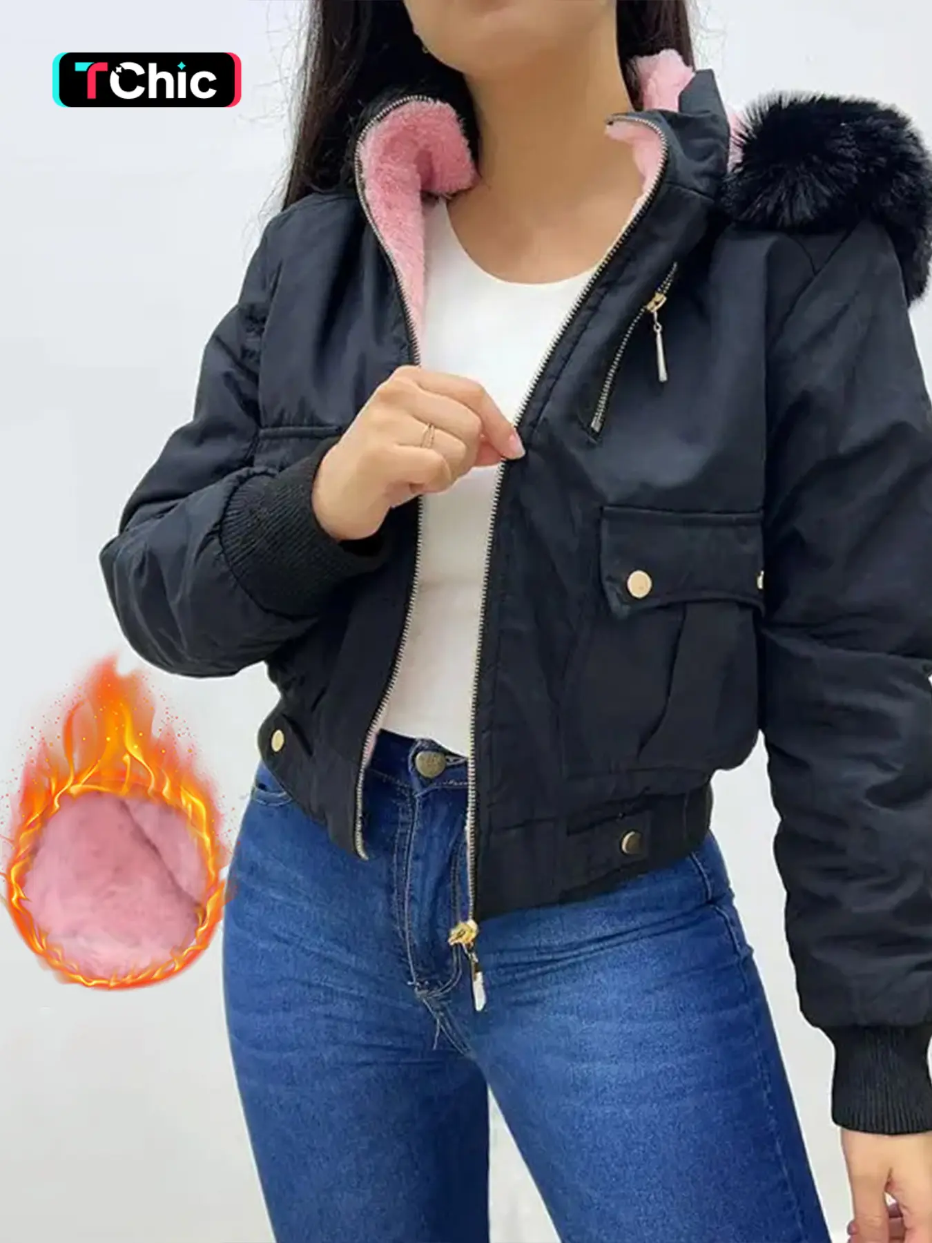 Women's Contrast Faux Fur Trim Hooded Thermal Lined Jacket, Casual Long Sleeve Button Pocket Zip Up Outerwear for Fall & Winter, Women's Clothes for D