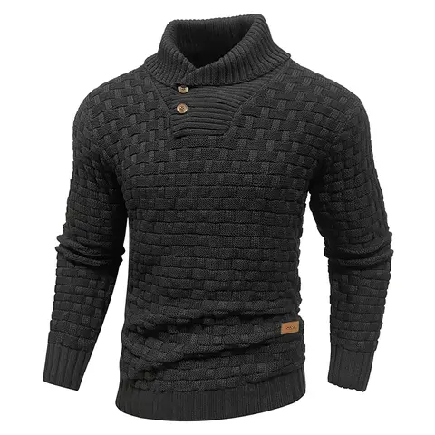 Zaitun Men's Slim Fit Twist Textured Patched Shawl Collar Knit Top - Longsleeves Casual Plain Sweater, Stretch Fabric, Ribbed Cuffs, Button Detail, Fall/Winter Wear, Hand Wash, No Bleach, Dinner Outing Gift, Layer with Jackets/Coats, Pair with Jeans