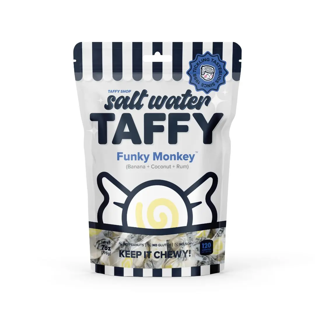 Taffy Shop, Funky Monkey Salt Water Taffy - Banana, Coconut, Rum Flavored Soft, Sweet & Chewy Candy