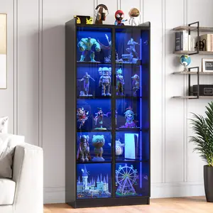 Dystler Display Cabinet with Adjustable Shelves, 65" Tall Bookcase with LED Lights/Human Sensor, 5 Tier Display Case for Collectibles Bedroom Living Room Office, Black - Transparent Acrylic Doors