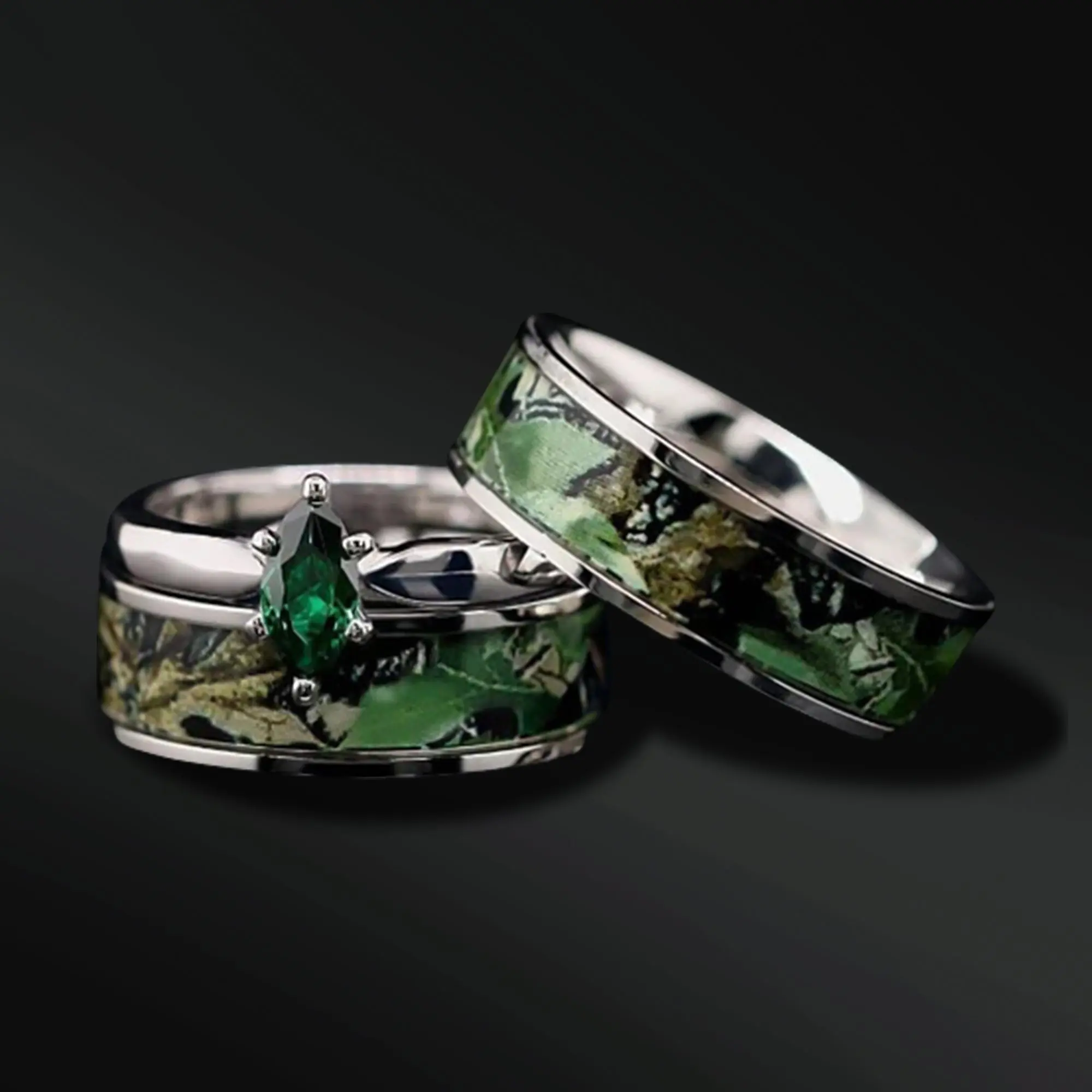 His & Hers Green Camo Set with Marquise Engagement Ring