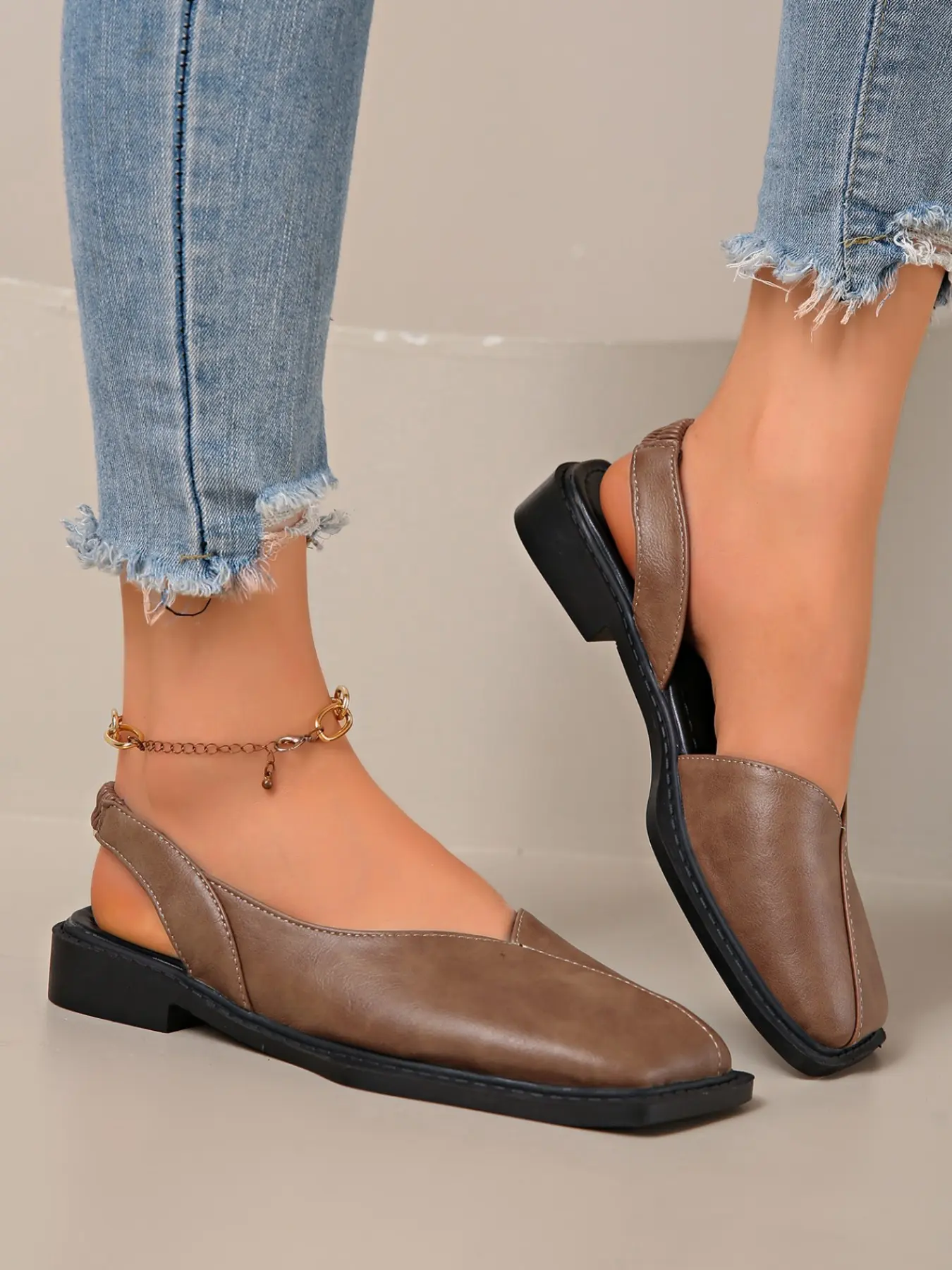 Women's Vintage Lightweight Square Toe Slingback Flat Shoes, Flat Heel Easy Walk Comfortable Outdoor Casual Walking Shoes, Stylish and Versatile Flats Rubber