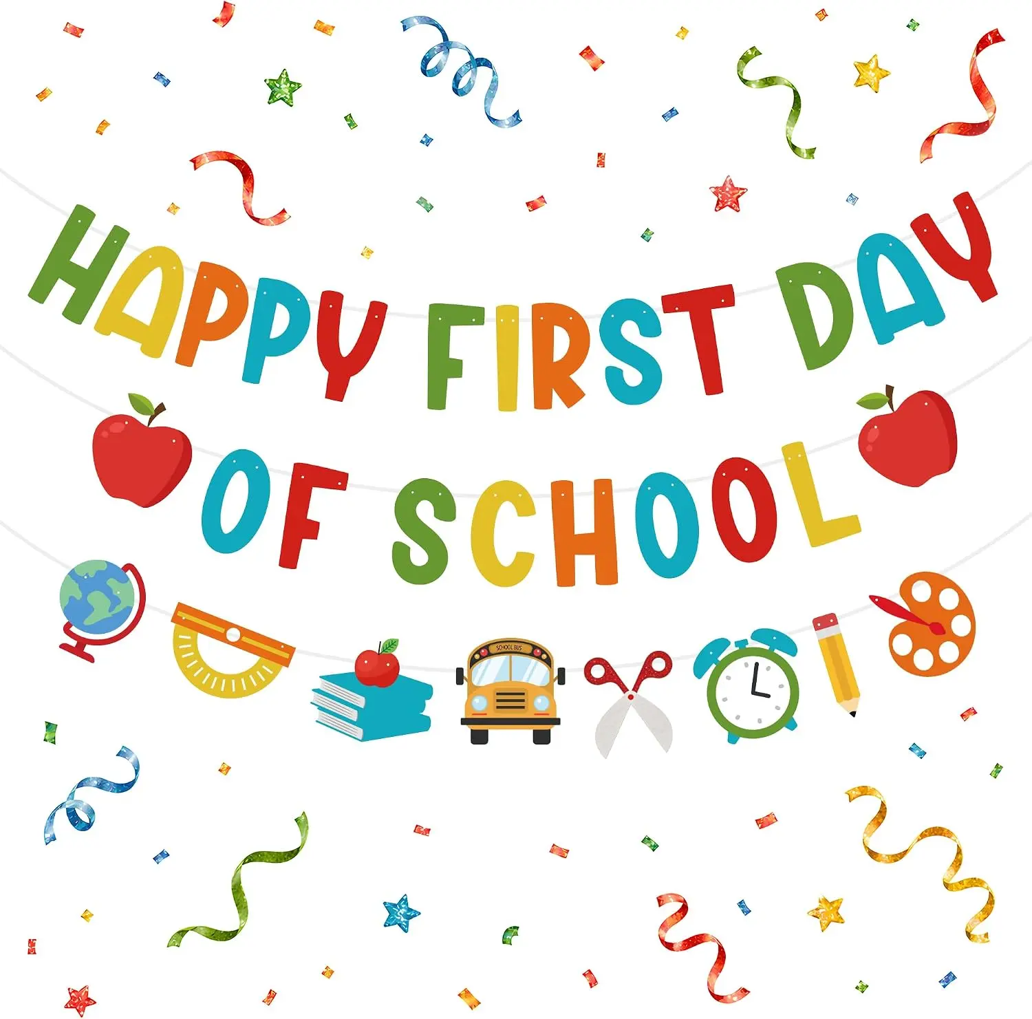 Happy First Day of School Banner Sign Decor, Back to School Garland Backdrop - Indoor Outdoor Hanging Classroom Party Supplies (Home & Festive Party Backdrops & Banners)