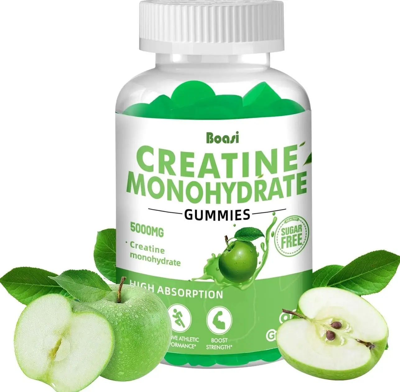 Sugar-Free Creatine Monohydrate Gummies (5g) - Amino Acid Nutritional Supplement for Men & Women, Pre-Workout Chews for Muscle Strength & Energy Boost, Green Apple Flavor
