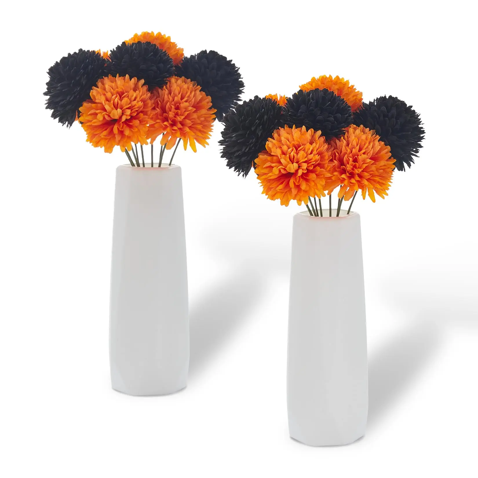GAOMON Elegant Artificial Mum Floral Bouquet - Black-Orange Silk Chrysanthemum Fake Fall Flowers with 2 White Vase Set, Halloween Thanksgiving Ornaments for Gothic Wedding Table Centerpiece, Outdoor Indoor Room Decor