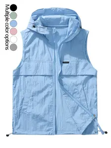 Men's Lightweight Breathable Hooded Vest Gilet Summer Cool Outdoor Casual Sleeveless Jacket, Loose-Fitting Drawstring Design, Plain Pattern, Summer Clothes, Streetwear