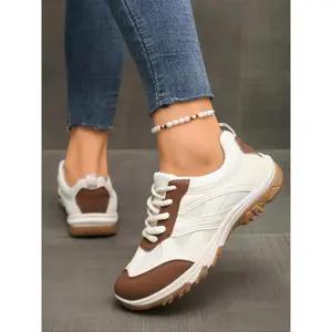 Women's White & Brown Color - Block Sneakers, Mesh & Leather Mix, Lace - Up Design, Chunky Sole, Comfortable Casual Walking Shoes, Versatile All - Match Fashion Trainers, Trendy Season - Transiting Sports Sneakers