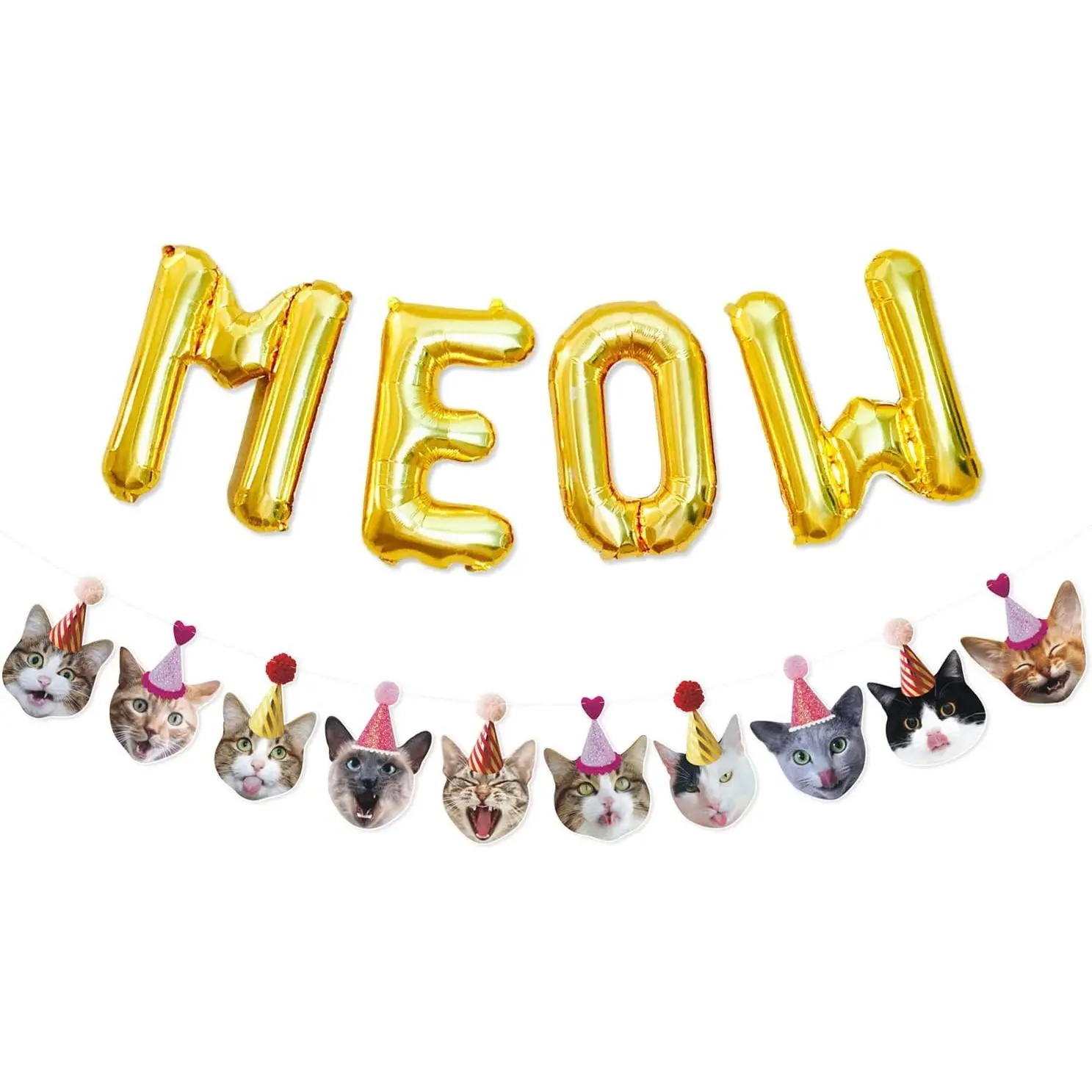 Funny Cat Party Garland Meow Letter Balloons Cats Faces with Party Hats Banner Kitten Bunting Photo Props for Cat Theme Birthday Party Pet Adoption Party Supplies