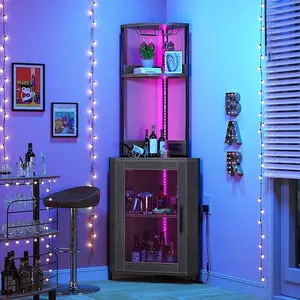 DWVO Corner Wine Cabinet with Power Outlets & LED Lights, Corner Bar Cabinet with Glass Holder, Liquor Bar Rack Cabinet for Living Room, Dining Room, Kitchen, Black