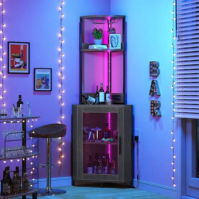DWVO Corner Wine Cabinet with Power Outlets & LED Lights, Corner Bar Cabinet with Glass Holder, Liquor Bar Rack Cabinet for Living Room, Dining Room, Kitchen, Black