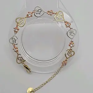 15th Year's Beautiful Heart's Bracelet Gold-Plated Three Colors with Number 15 Design