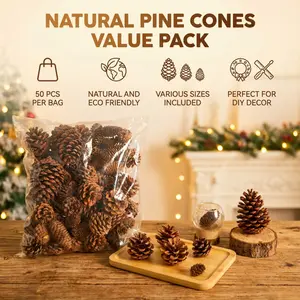 Set of 50 pine cones in various varieties and sizes, suitable for DIY crafts and home decor — perfect for Thanksgiving, Christmas, and weddings