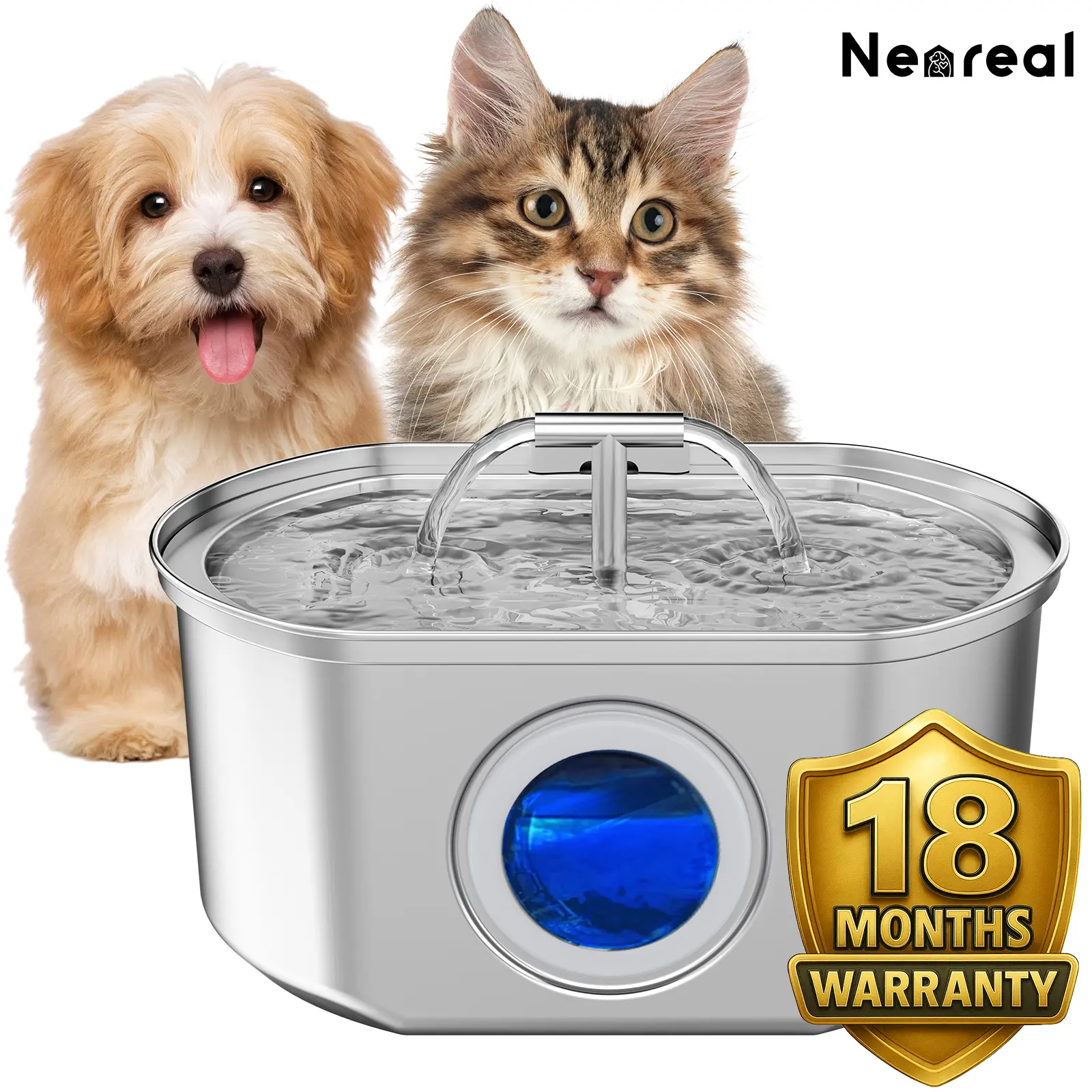 Neareal 2-in-1 Dual-Flow Automatic Water Bowl for Cats and Dogs, 3.2L/108oz 304 Stainless Steel, 4-Stage Filtration, Ultra-Quiet 5V Pump, LED Window, Dual Streams Mimic Natural Running, Dishwasher-Safe Steel Saves Effort for Healthy Hydration, Stainless S