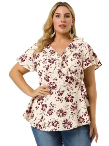 Agnes Orinda Plus Size Wrap V Neck Tie Waist Ruffle Sleeve Blouse Summer Floral Tops