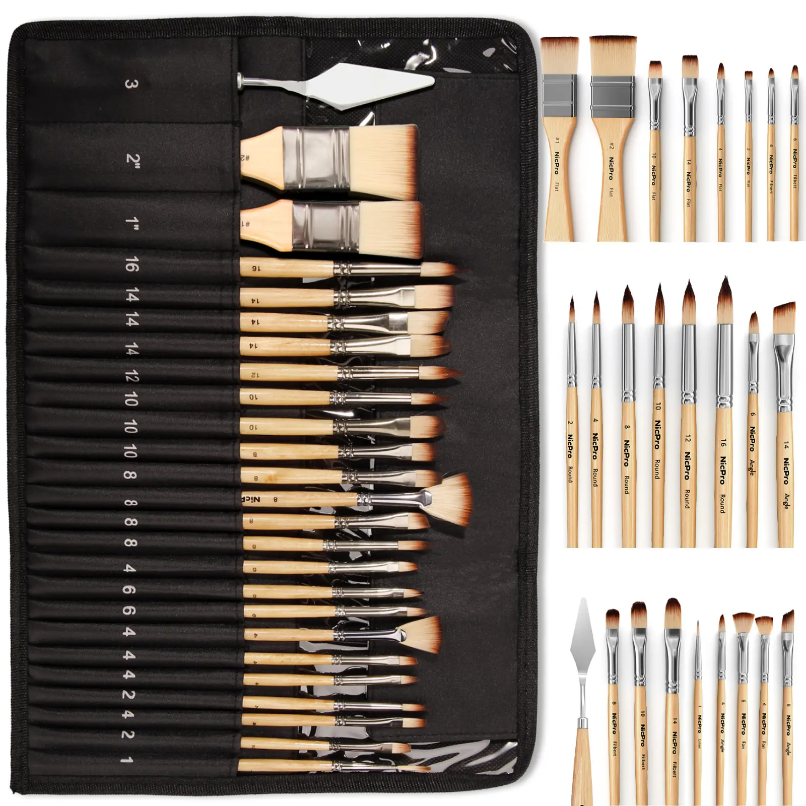 Nicpro 24-Pack Brushes Set Paintbrushes - Assorted, Enhanced Synthetic Artwork & Craft Acrylic Water-Based Paintbrushes Kit with Cloth Roll Case, Palette Knife, Gift Package for Adults