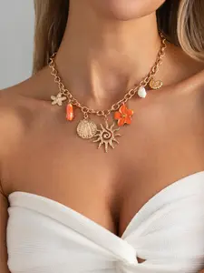 Vintage Ocean Theme Necklace, Starfish & Conch Shell Pendant, Elegant Metal Chain, Perfect for Weddings, Parties, Birthdays, Gifts