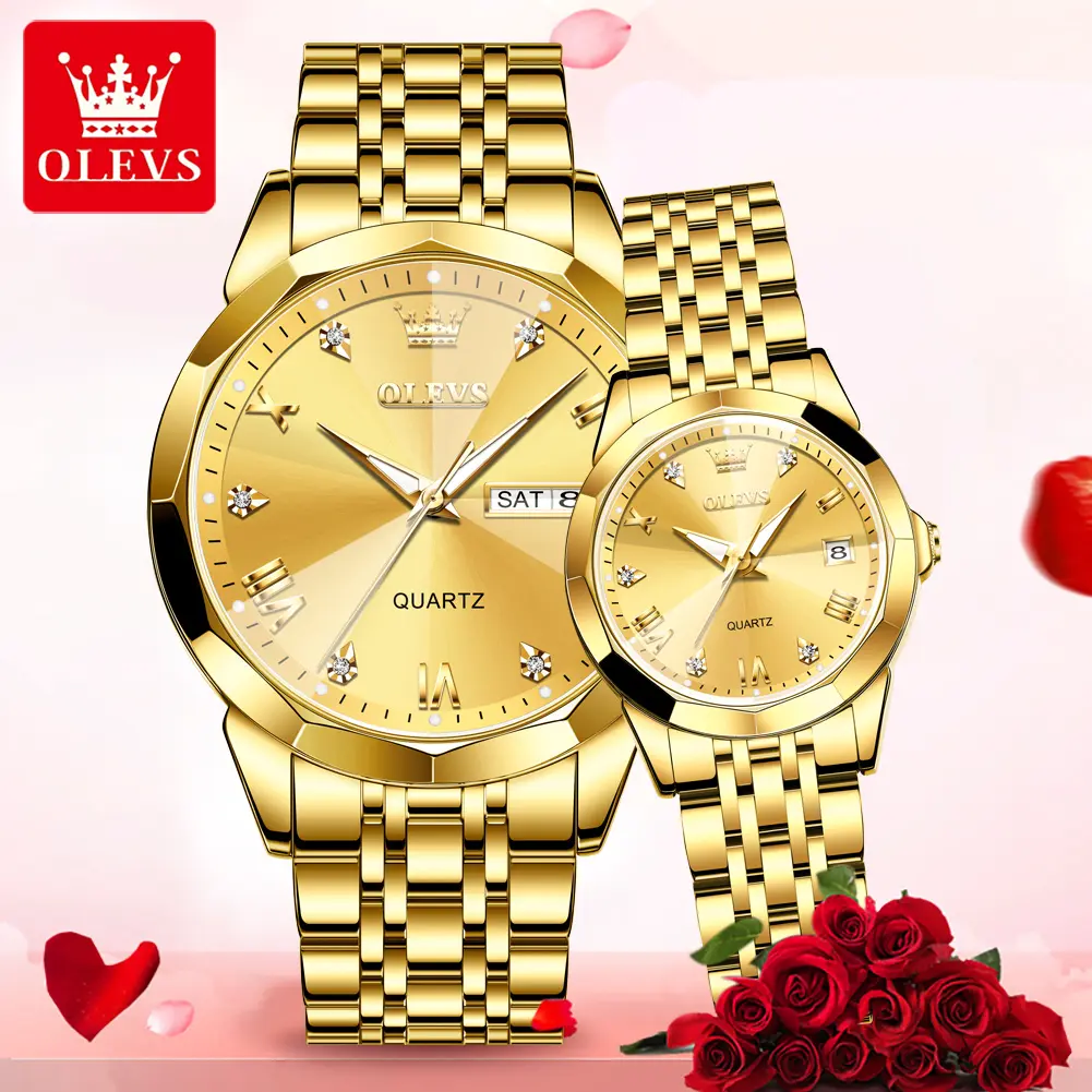 OLEVS Casual Couple's Watch Set, His and Hers Stainless Steel Quartz Analog Wristwatches with Luminous Hands and Date, 3ATM Waterproof, Quartz Analog Watches