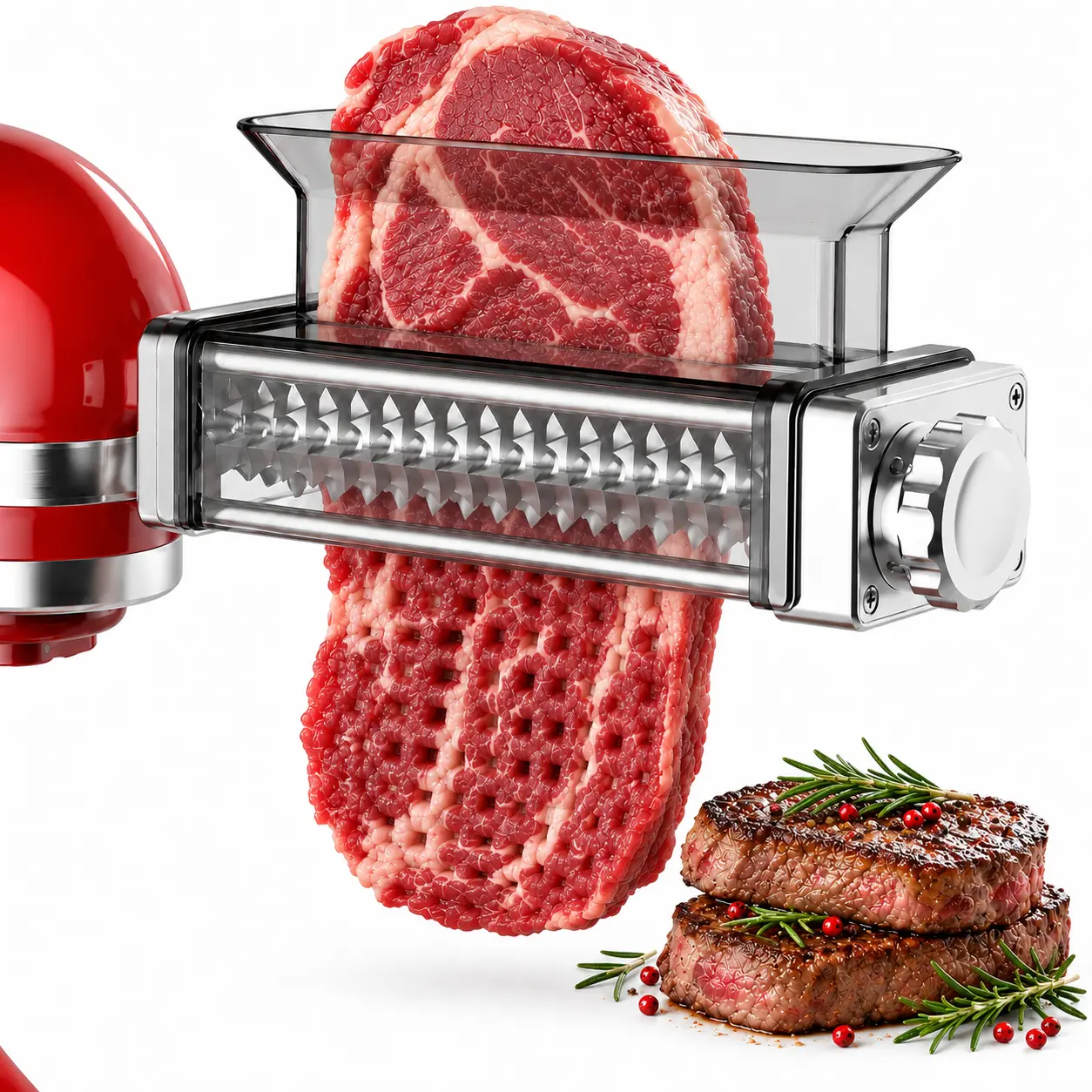 GVODE Adjustable Meat Tenderizer Attachment for KitchenAid Stand Mixers, 3 Thickness Settings (10/12.5/15 mm), for Steak, Pork Chops, Jerky & Hot Pot Meat, with Clear Cover & Cleaning Brush
