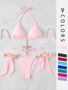 Women's Halter Tie Back Triangle Bra & Ring Linked Panty Bikini Set, Sexy Trendy Summer Swimsuit Set, Ladies Swimwear Rave Outfits, Tie Back Bikinis