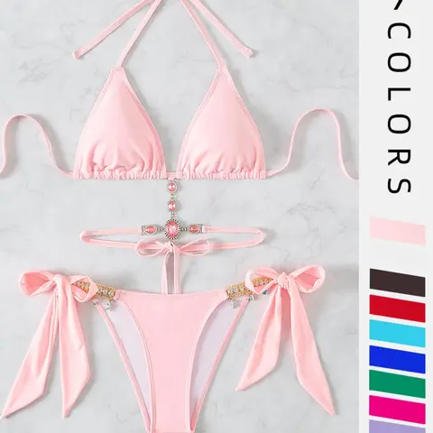 Women's Halter Tie Back Triangle Bra & Ring Linked Panty Bikini Set, Sexy Trendy Summer Swimsuit Set, Ladies Swimwear Rave Outfits, Swimsuits Bikinis