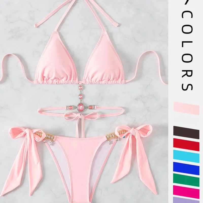Women's Halter Tie Back Triangle Bra & Ring Linked Panty Bikini Set, Sexy Trendy Summer Swimsuit Set, Ladies Swimwear Rave Outfits, Swimsuits Bikinis