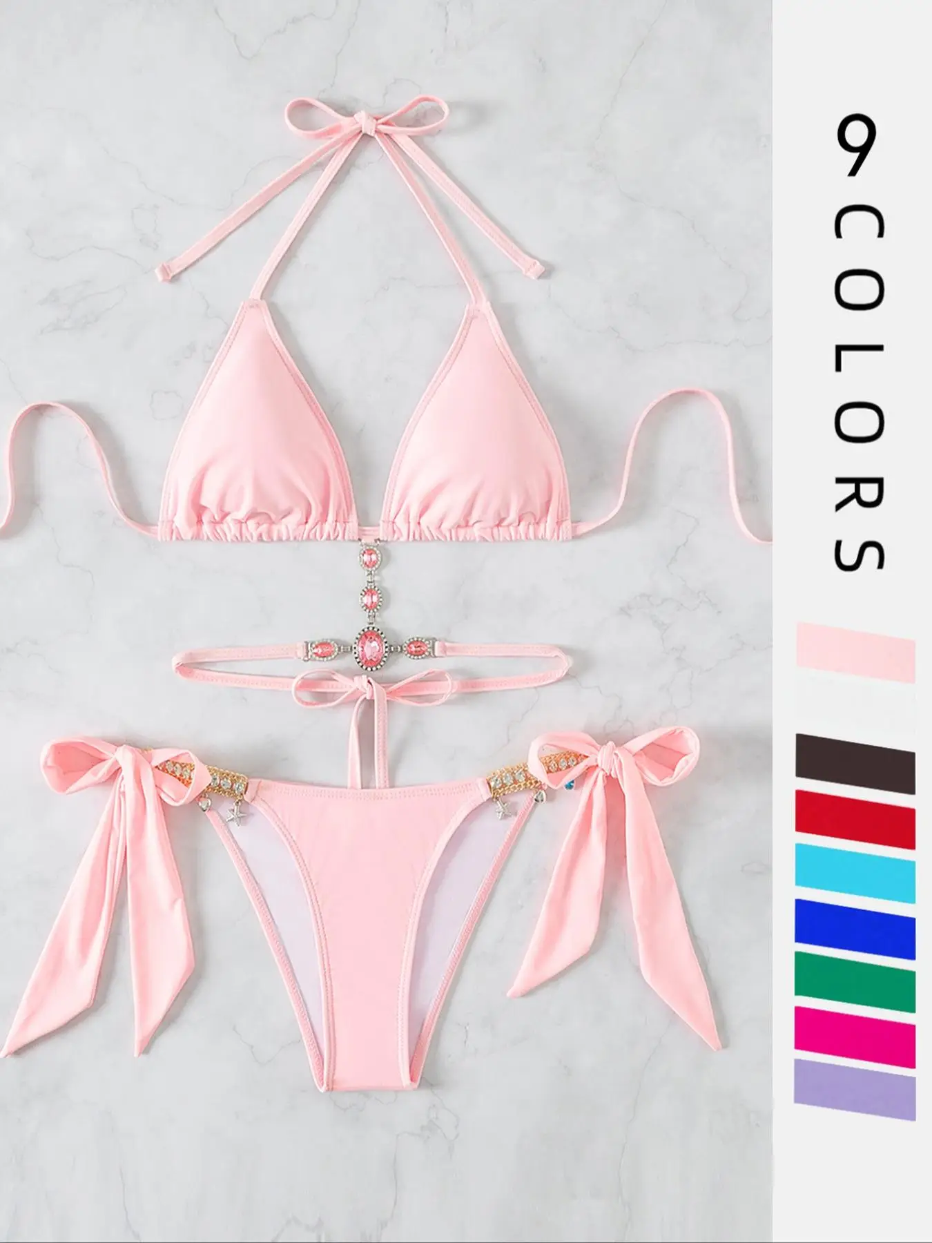 Women's Halter Tie Back Triangle Bra & Ring Linked Panty Bikini Set, Sexy Trendy Summer Swimsuit Set, Ladies Swimwear Rave Outfits