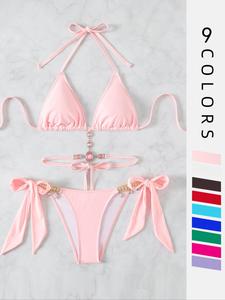 women's halter tie back triangle bra & ring linked panty bikini set, sexy trendy summer swimsuit set, ladies swimwear rave outfits, bikinis sets, modest swimming wear, bikini top trunks, summer beach bikini