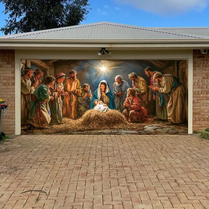 1 Sheet, Large Polyester Nativity Scene Garage Door Banner Cover - Christmas Outdoor/Indoor Decoration for Party Backdrops and Holiday Celebrations, No Batteries or Electricity Required poinsettia artificial Large Velvet