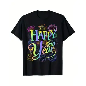 2026 New Year's Eve Family Matching Men's T-Shirts - Olive Green, Happy New Year Print, Casual Crewneck Short Sleeve Tops for NYE Party, Group Celebration Holiday Apparel Round Neck Black