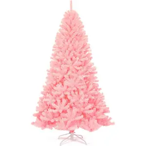 Goplus 7.5Ft Unlit Pink Artificial Christmas Tree, Hinged Spruce Full Tree with Metal Stand, 100% New PVC Material, Xmas Tree for Indoor and Outdoor Decoration Superbuy