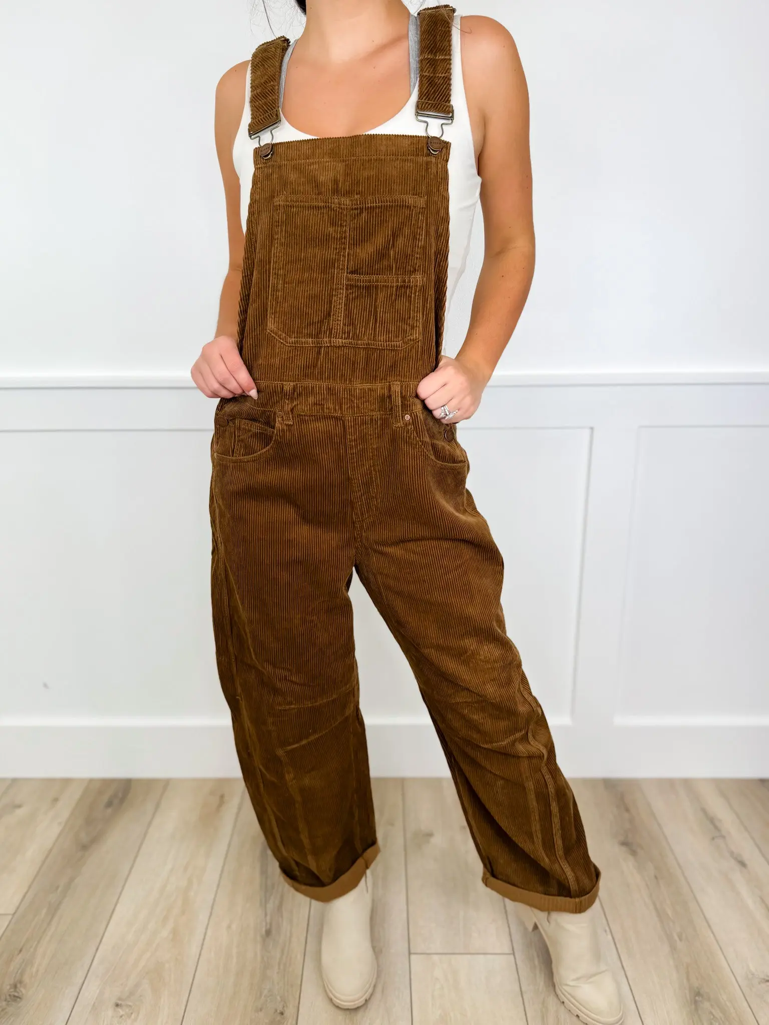 Women's Cotton Adjustable Strap Casual Risen Piper Corduroy Barrel Leg Brown Overalls, Comfy Soft Flattering Fit Bottoms