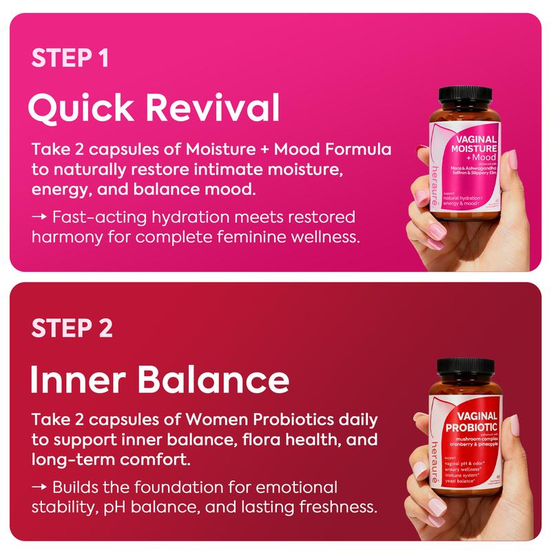 HerAuré Balanced & Moist Bundle | pH Balance, Odor Control, Stress Relief, Energy, Bliss, Relaxation, Flora Health | With 7 Billion CFU Probiotic, 7-in-1 Mushroom Blend, Prebiotic, Ashwagandha, Saffron, Maca, Slippery elm, Sea Moss ,Black Friday