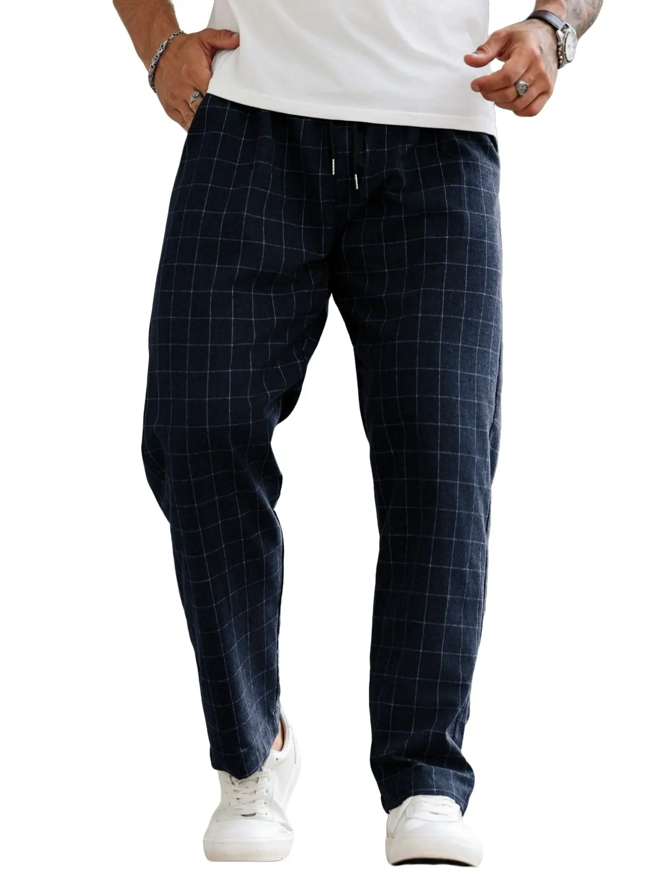 Men's Plaid Checked Casual Pants, Slim-Fitting Straight Leg, Comfortable Flexible Natural Waist, Business Golf Twill Trousers, All Seasons
