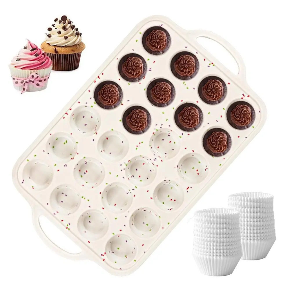 1Pc 24 Cups Durable Silicone Cupcake Pan & 200pcs White Cupcake Liners for Baking, Silicone Mini Muffin Pan with Greaseproof Parchment Paper for Muffin, Cupcakes