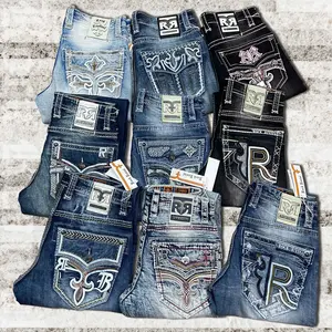 Men’s Rock Revival Jeans Combo, Western Straight-Leg Denim, Heavy Stitch, Embroidered Back Pockets, Multiple Styles.