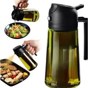 2-in-1 Kitchen Oil Sprayer Dispenser, 16oz/470ml Dark Green Light-Blocking Glass Body with Handle, Food-Grade for Cooking, Barbecue, Oil Dispensers