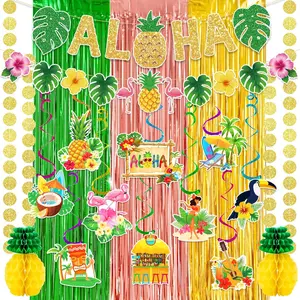 Luau Party Decorations Kit, Hawaiian Tropical Party Supplies with Flamingo Banner, Hanging Swirls, Fringe Curtain, Honeycomb Balls, Summer Beach Tiki Pool Party Decor for Birthday & BBQ