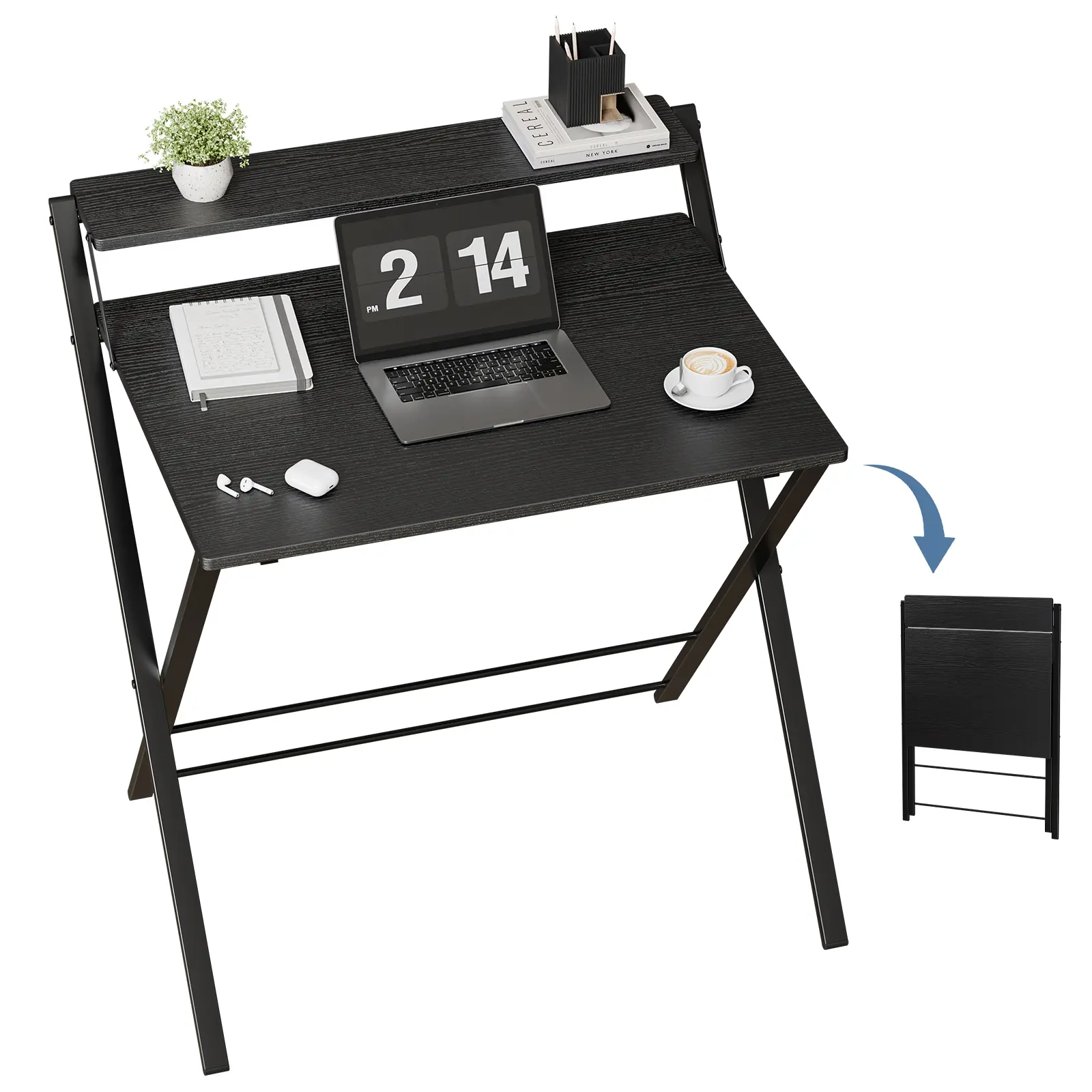 Folding Desk, 2-Tier Compact Computer Desk with Shelf, Space Saving Foldable Table for Home Office, Dorm or Apartment, Portable Collapsible Sturdy Laptop Desk