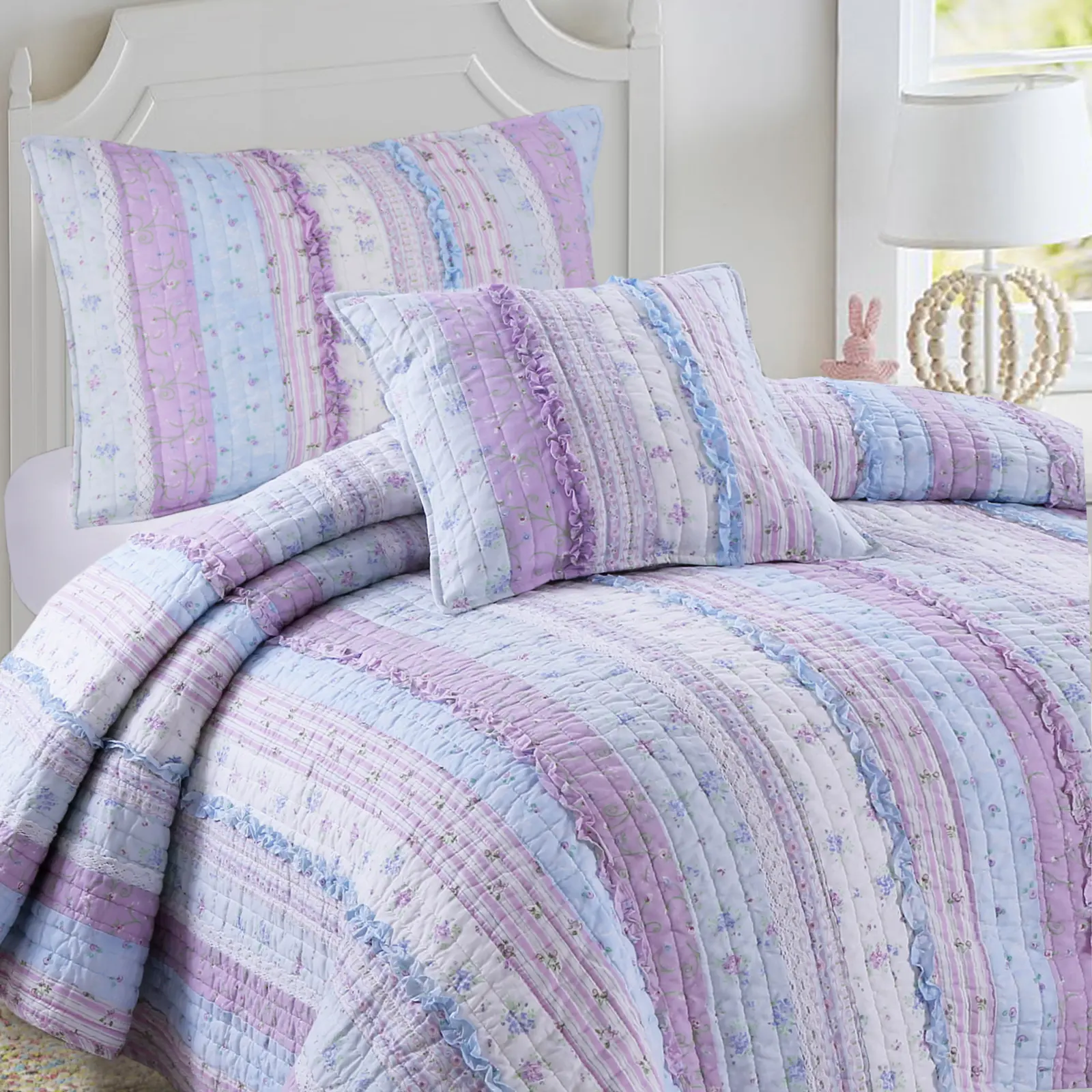 Romantic Chic Ruffled Edge Cotton Fabric Quilt Bedding Set - Cozy, Lavender Purple, Real Patchwork, Reversible, Multi-Size