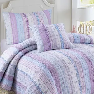 Romantic Chic Lace Ruffle Lavender Purple Real Patchwork Cotton Reversible Quilt Bedding Set