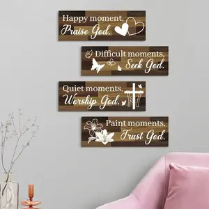 Vintage Inspirational Wood Wall Sign, 4 Counts/set Christian Faith Quotes Rustic Hanging Decor Sign, Decor Sign for Living Room Bedroom Church Home Office Decor, Ornaments