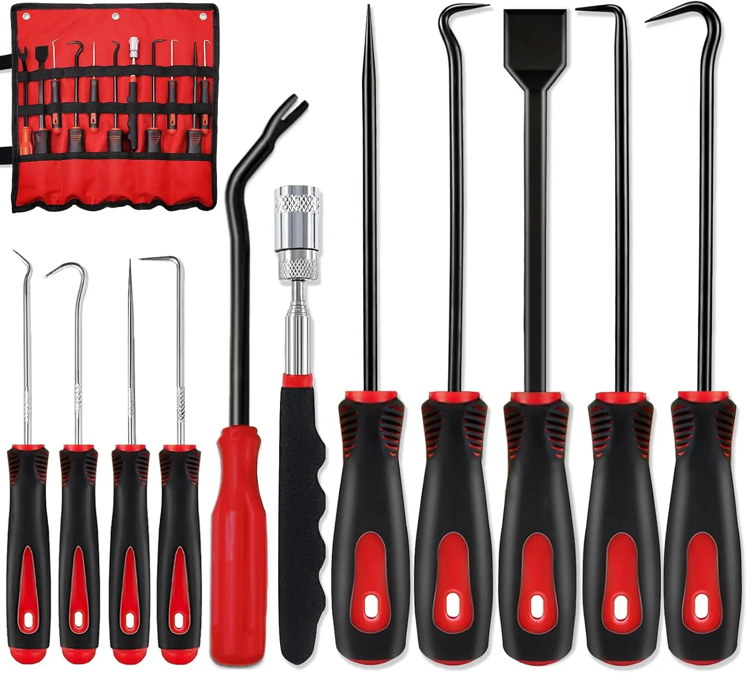 11 Pcs Hook and Pick Set Mechanic, Automotive Pick Tool for Car Oil Seal/O-Ring Seal Hoses Puller Remover Gasket Scraper Magnet Pickup Tool -Black Red #fathersdaygift