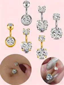 Stainless Steel Navel Ring for Women, Silver Color Cubic Zirconia Belly Button Jewelry, Simple Design, 6mm Diameter, Party Wear, Body Piercing Jewelry