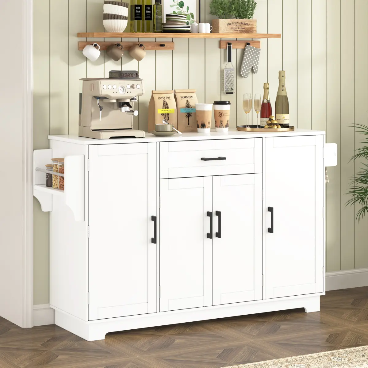 Durable Configurable Melamine MDF Sideboard Buffet Cabinet - 4-Door, 1-Drawer, 3-Level Adjustable Shelves, Behind-Door Storage, Open Side Shelves, Aluminium Handles, Hanging Rod, 150 lbs Capacity, Assembly Required, Easy Setup, for Various Room Types, Cof
