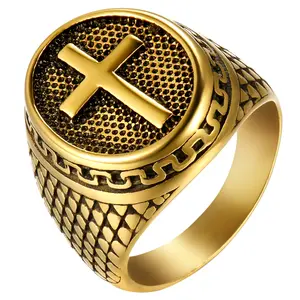 OIDEA Vintage Stainless Steel Cross Signet Ring for Men, Christian Religious Latin Cross Statement Band with Greek Key Detail, Classic Band Rings, Cross Ornate Rings