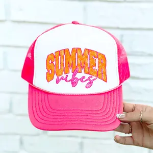 Summer Vibes Pink and Orange Graphic Trucker Hat for Women and Teens - Trendy Girly Adjustable Cap - Cute Summer Snapback