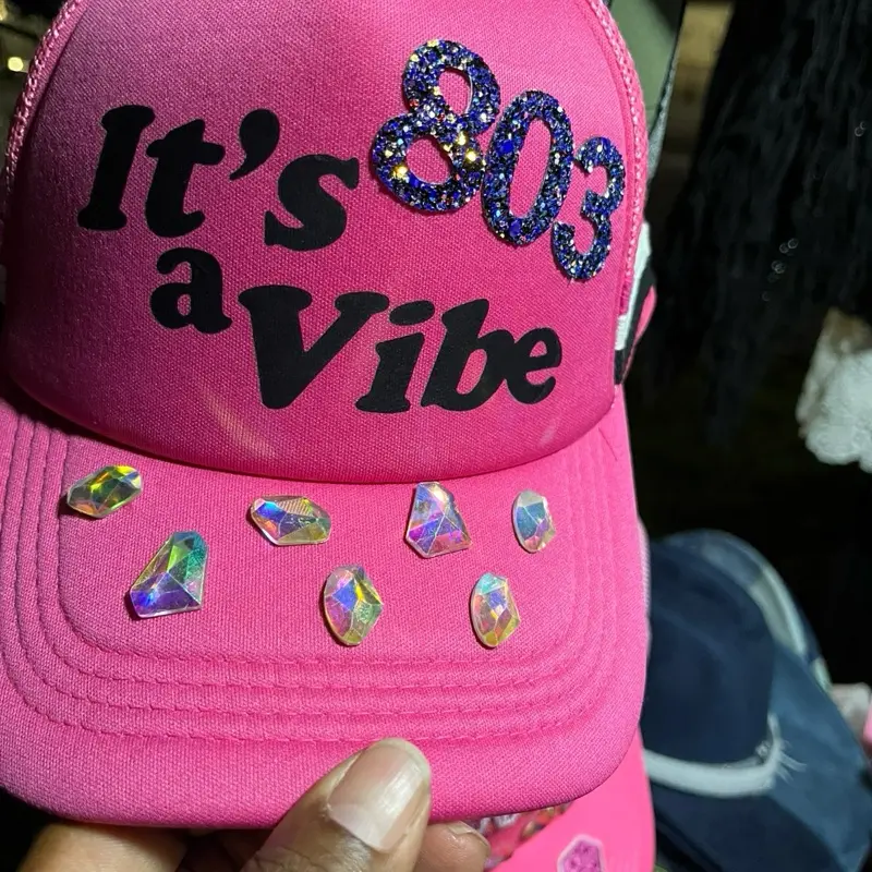 Custom Trucker Hat - Pink Design with "It's 803 a Vibe" Text and Sparkling Rhinestones