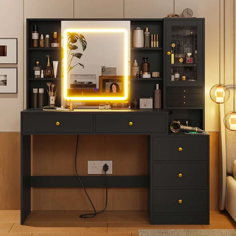 SIKAIC Black LED Makeup Vanity with Sliding Mirror, Jewelry Storage and Charging Station, Vanity Desk with Drawers