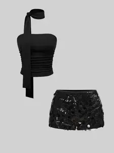 Women's Sexy Bodycon Top and Sequin Shorts Set, Y2K Street Style, Perfect for Parties, Christmas, Music Festivals, Holiday Celebrations