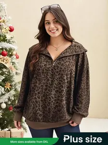 Women's Plus-Size Fashion Leopard Print Zip-Up Long Sleeve Loose Fit Hoodie, Stylish Casual Winter Sweatshirt, Hoodies Tunic Sweatshirt for Everyday Wear, Womenswear, Zipper Closure